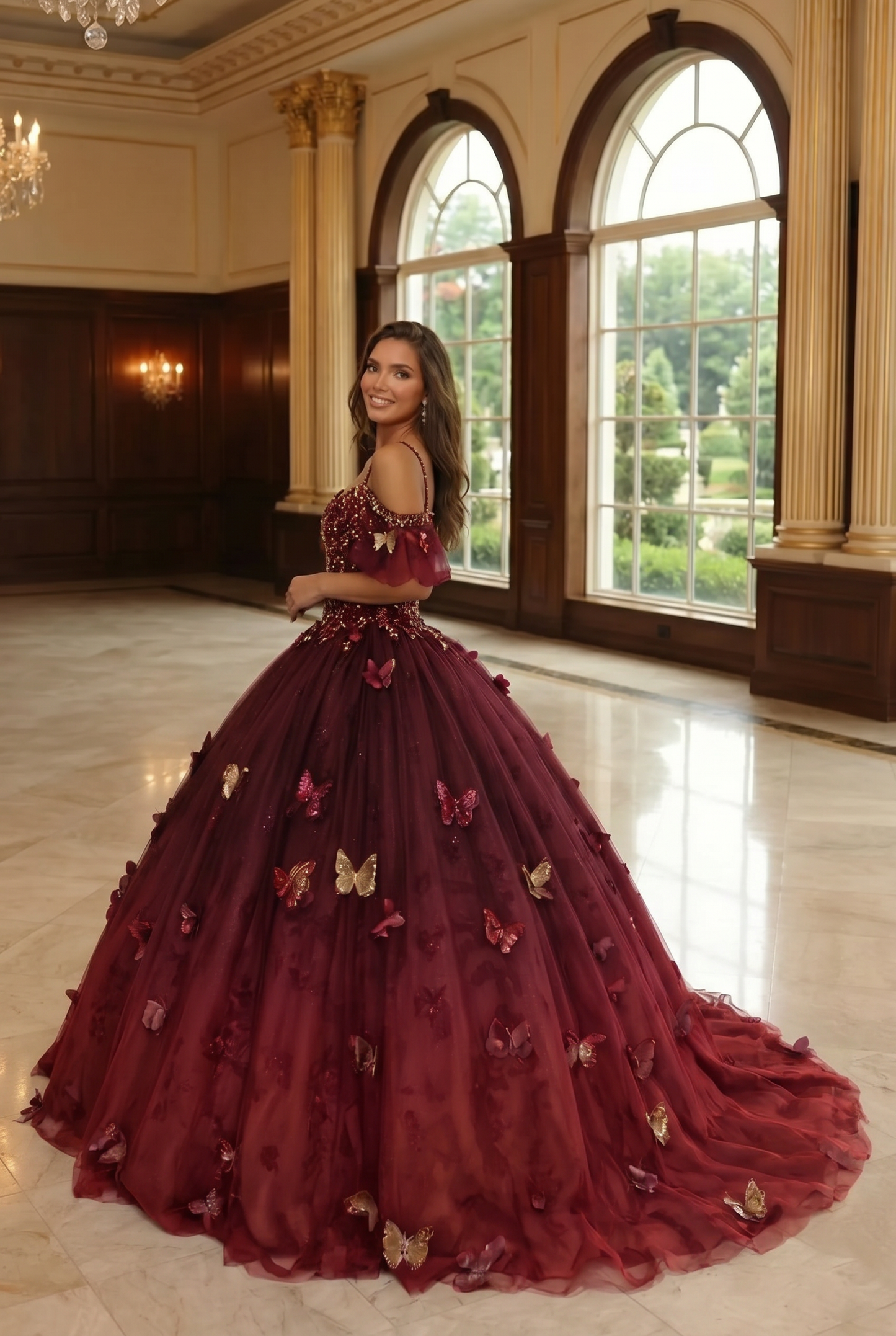 Charming Ball Gown V Neck Quinceañera Dress With  3D Butterfly and Embroidery | Sevoba