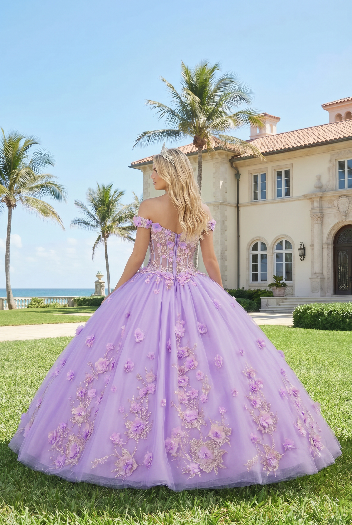 Charming Ball Gown Illusion Neck Quinceañera Dress With 3D Floral & Lace | Sevoba