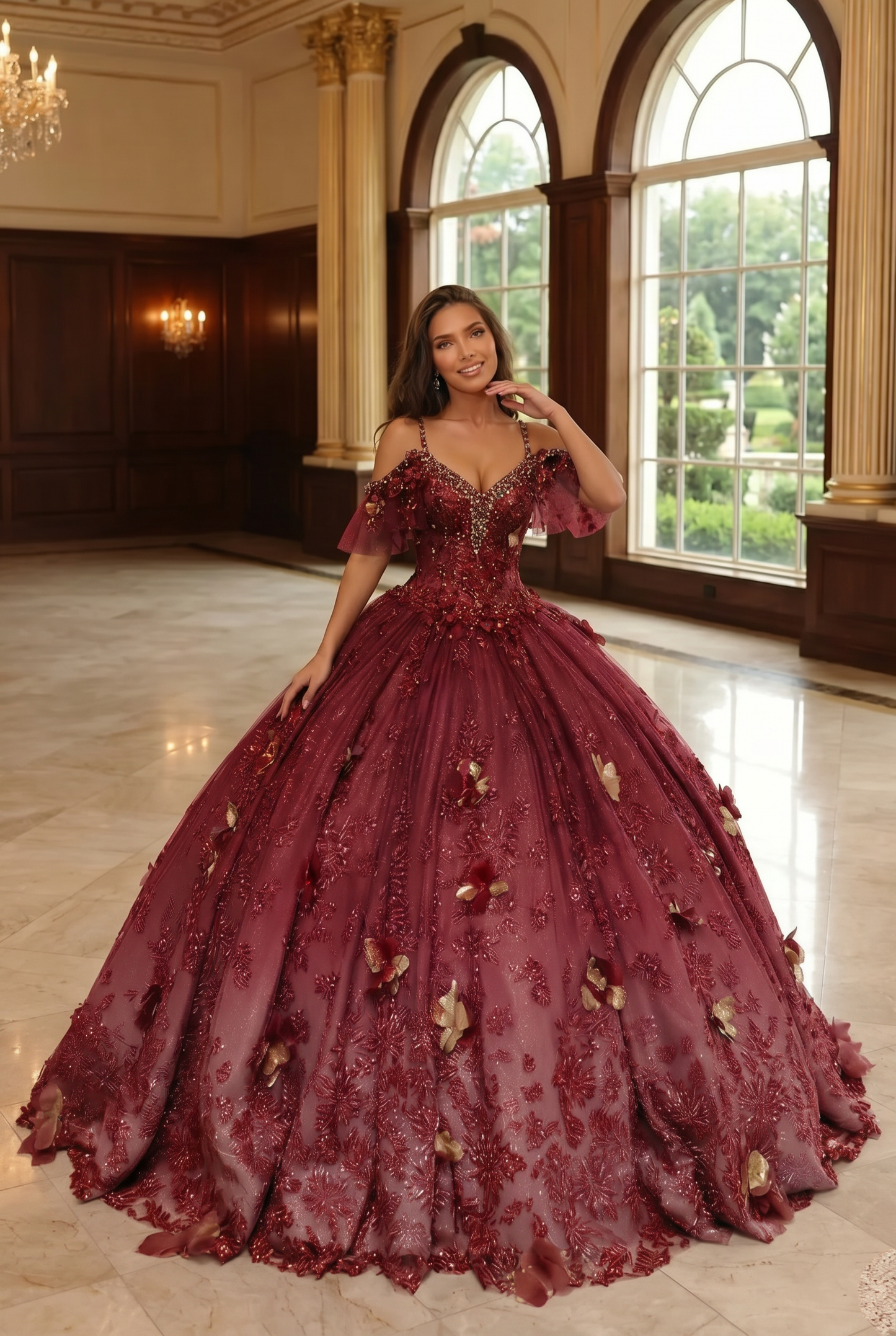 Charming Ball Gown V Neck Quinceañera Dress With  3D Butterfly and Embroidery | Sevoba