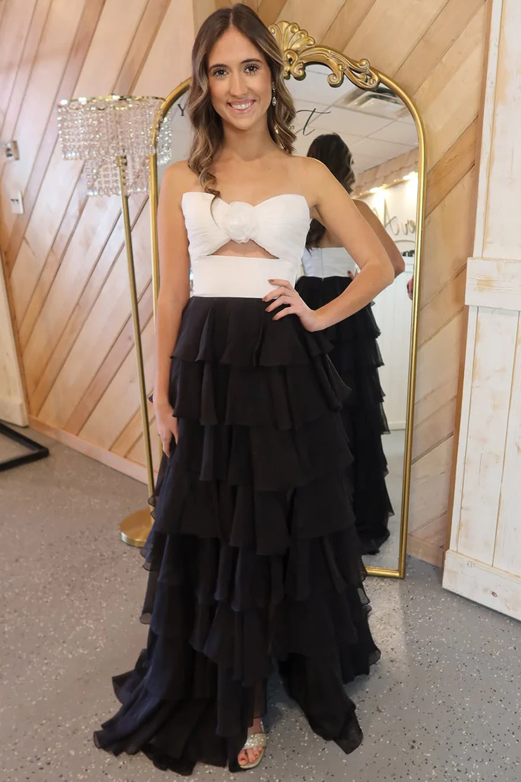 Sevoba|A-Line Strapless V-Neck Layered Chiffon Sleeveless Formal Prom Dress