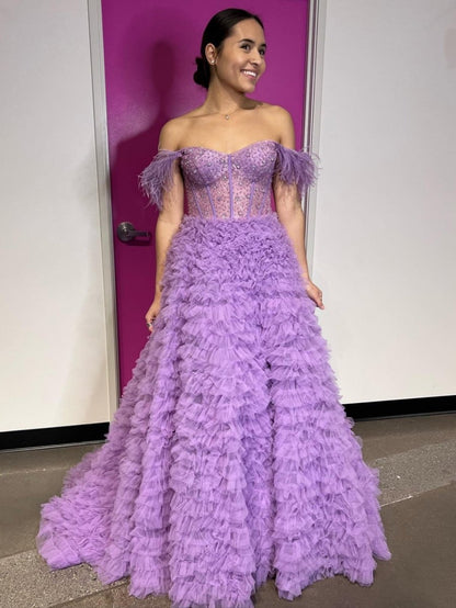 Sevoba|A Line Sweetheart Tiered Tulle Long Prom Dress With Slit