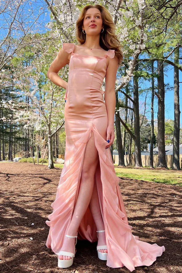 Sevoba|Green Mermaid Straps Scoop Pleated High Slit Long Prom Dress