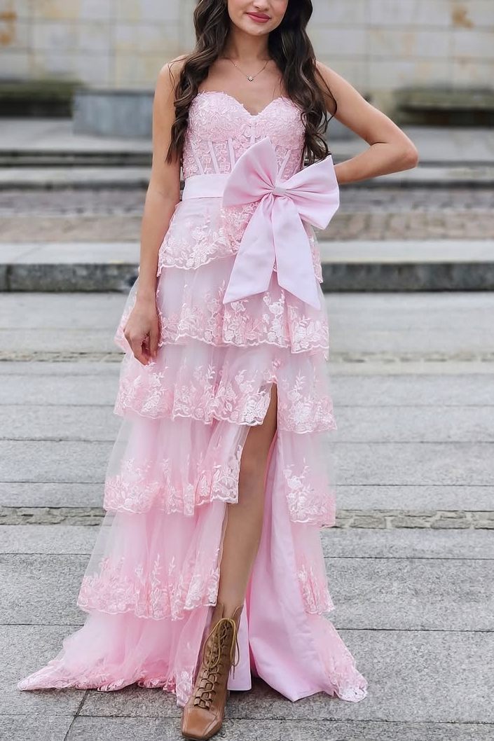 Sevoba|Strapless A-Line Sequins Appliques Tiered Long Prom Dress with Bow
