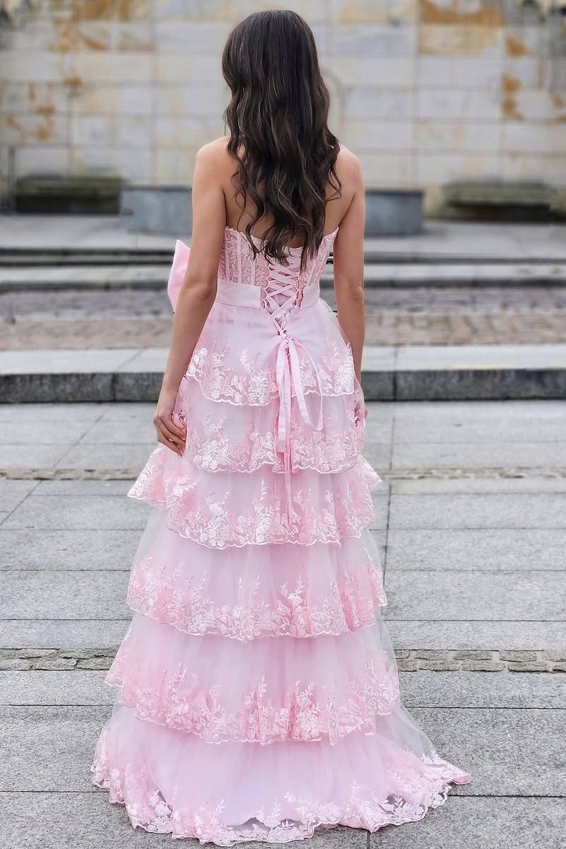 Sevoba|Strapless A-Line Sequins Appliques Tiered Long Prom Dress with Bow