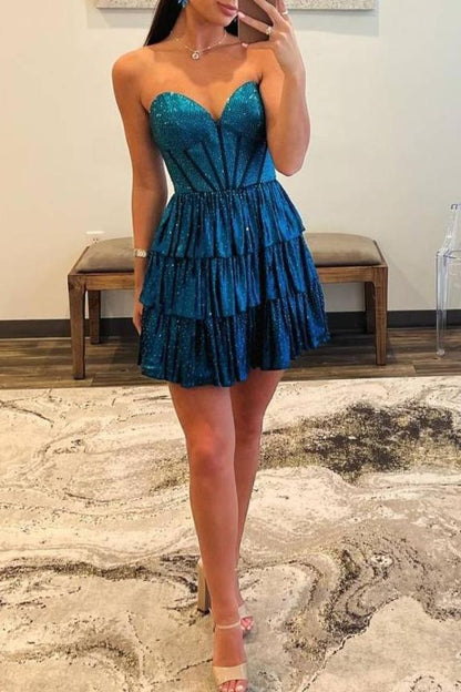 Deb | Glitter Black Strapless A-Line Corset Short Homecoming Dress with Beading