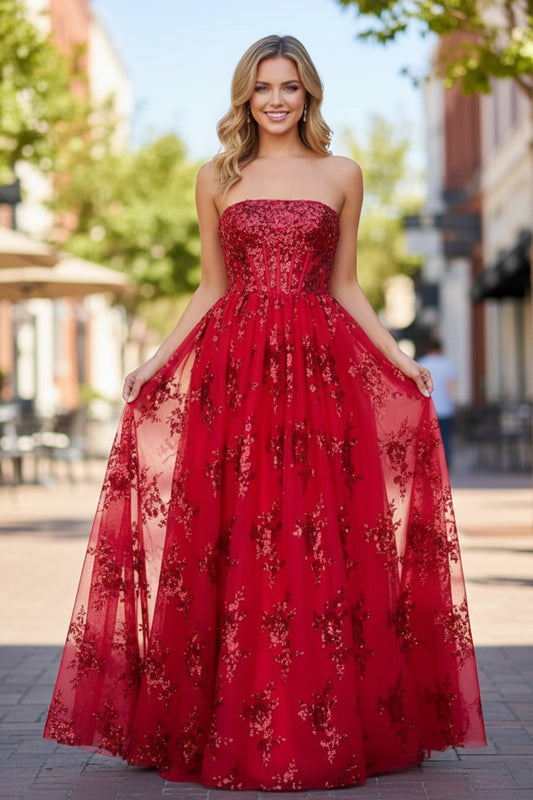 A Line Strapless Pleating Long Prom Dress With Sequins Applique | Sevoba