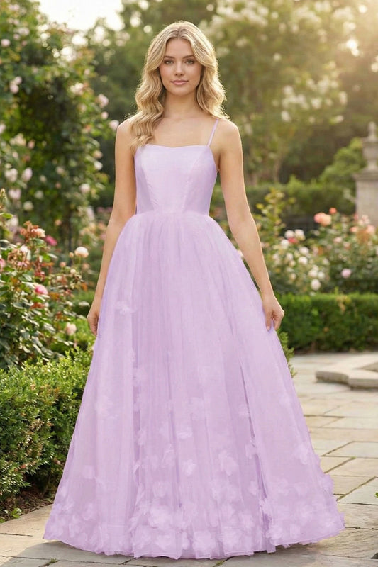 Sevoba lilac tulle A-line prom dress featuring spaghetti straps and 3D butterfly appliqués scattered on the skirt, front view in garden setting