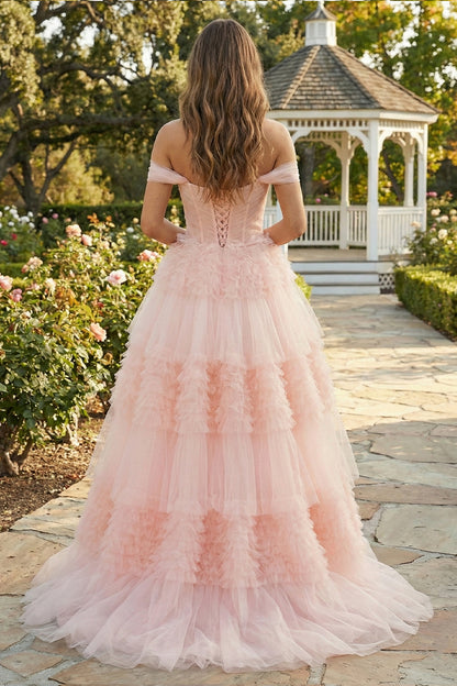 Blush Princess A line Off Shoulder Ruffled Tulle Prom Dress | Sevoba