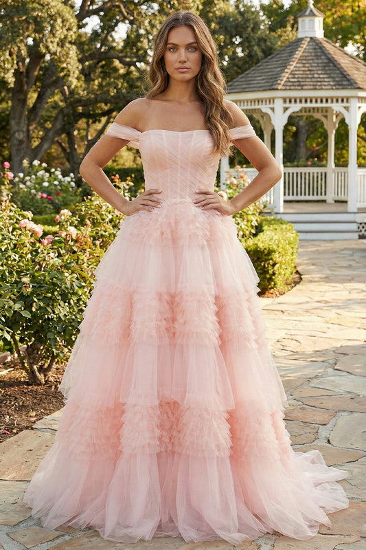 Blush Princess A line Off Shoulder Ruffled Tulle Prom Dress | Sevoba