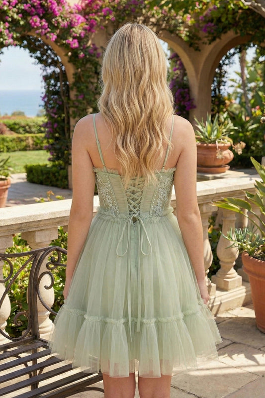 Spaghetti Straps Tulle Lace Appliques Short Homecoming Dresses | Sevoba