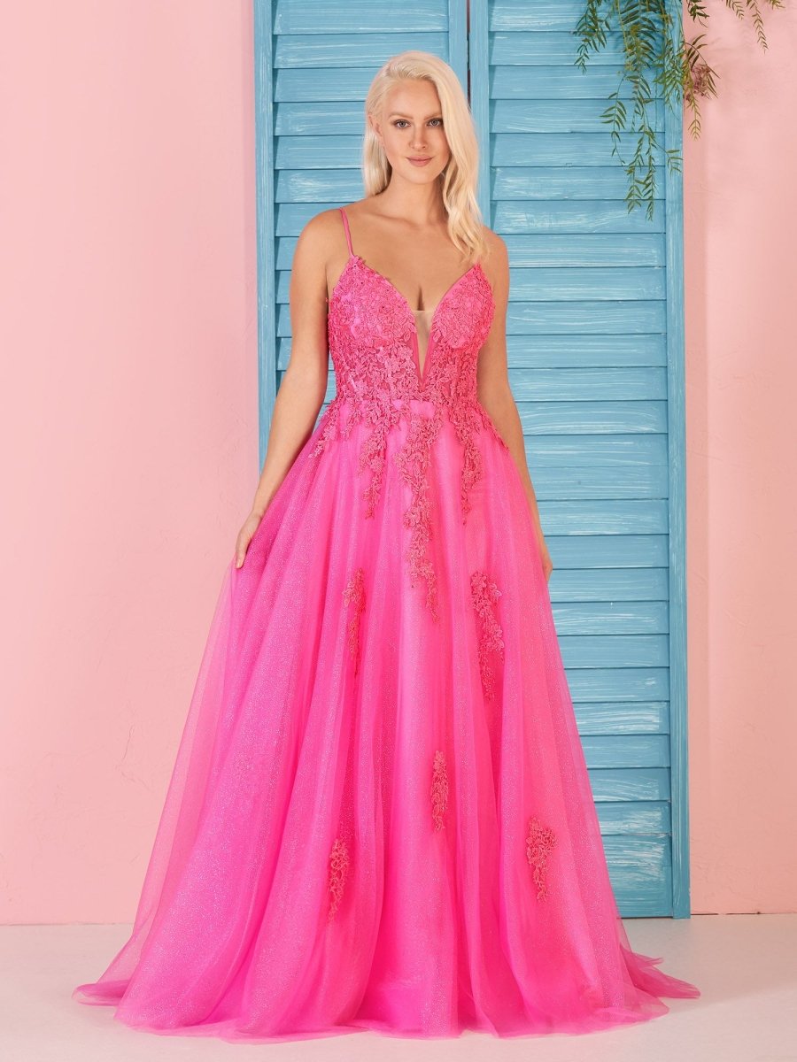 Sevoba|A Line V Neck Pink Lace Long Prom Dress