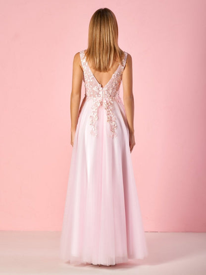 Elegant A-line V-Neck Tulle Floor-Length Prom Dress with Lace Appliques