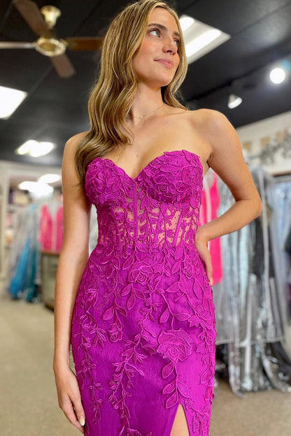 Sevoba|Classic Lace Appliques Strapless Mermaid Prom Dress with Slit