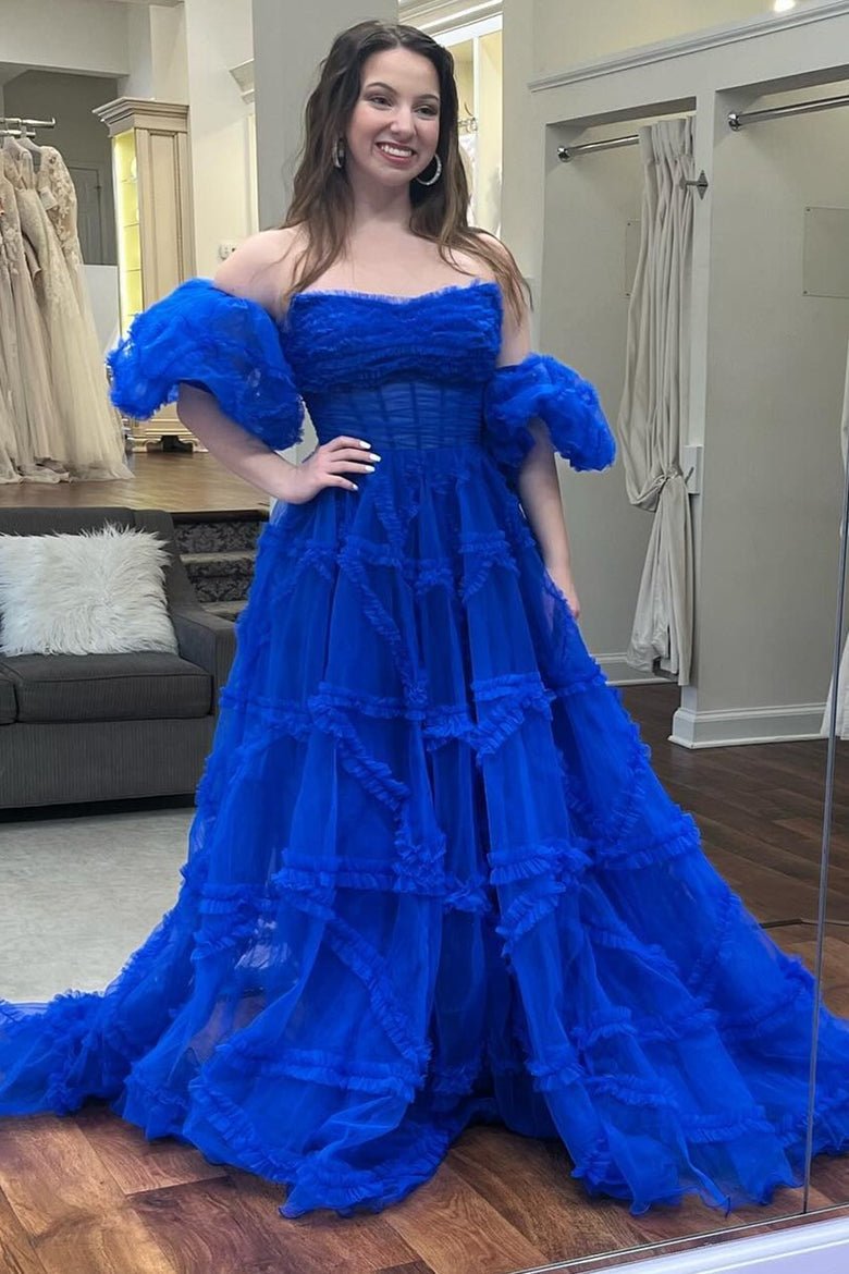 Sevoba|A-Line Strapless Ruffles Long Formal Dress with Puff Sleeves