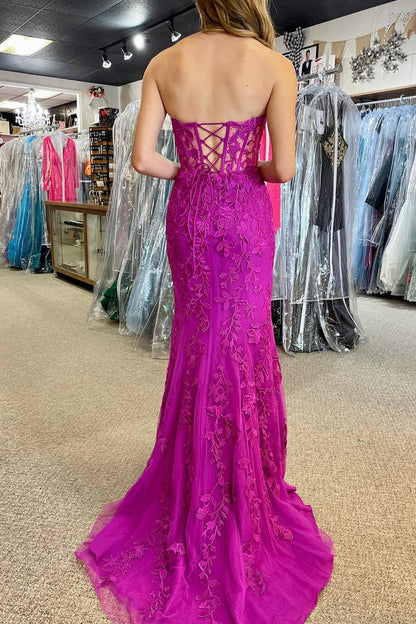 Sevoba|Classic Lace Appliques Strapless Mermaid Prom Dress with Slit
