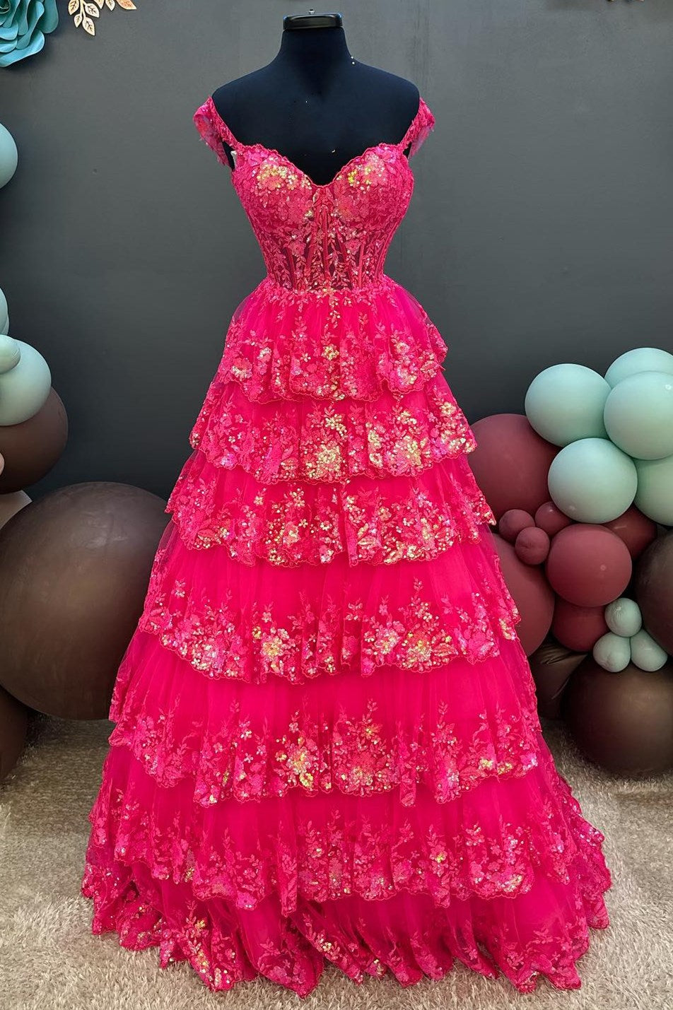 Sevoba|Off-the-Shoulder Gold Sequin Lace Ruffle Multi-Layer Long Prom Dress