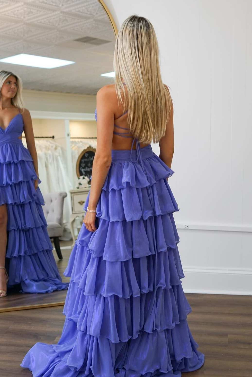Sevoba|Elegant Purple A-Line V-Neck Tiered Long Prom Dress with Slit