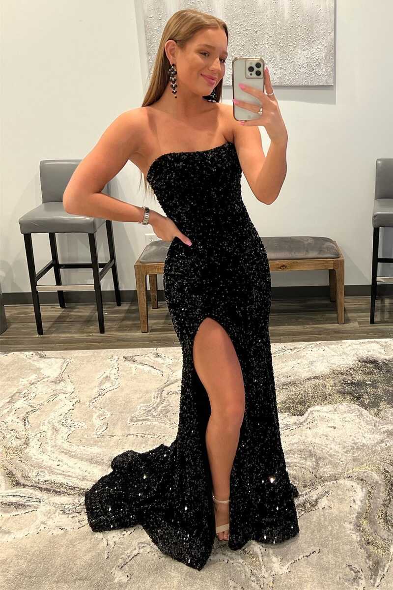 Sevoba|Burgundy Sequin Strapless Mermaid Long Prom Dress