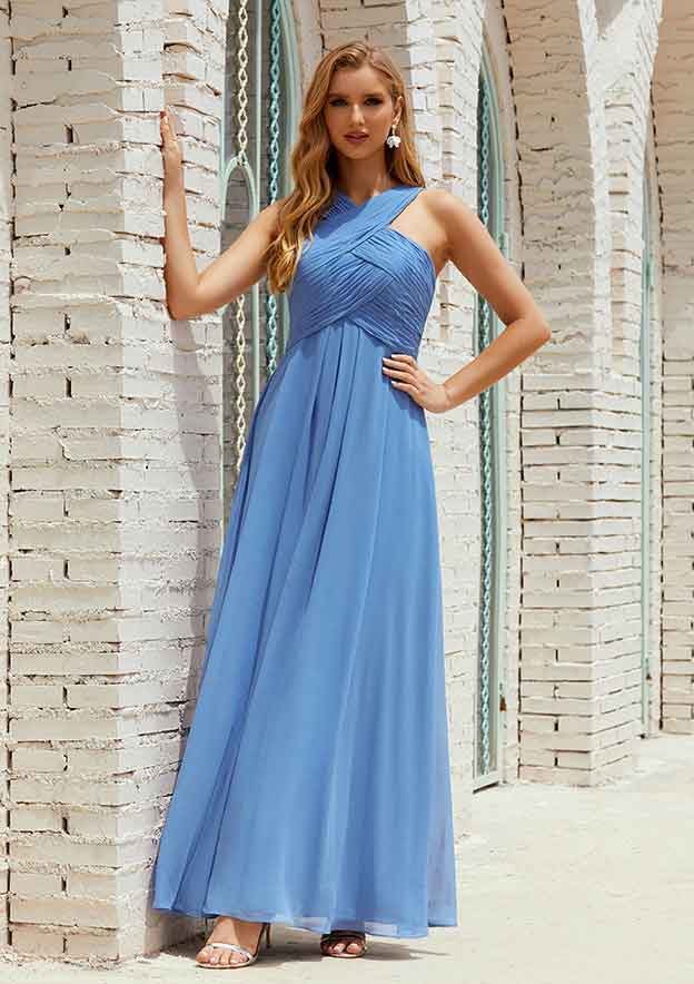 Empire A-line Halter Sleeveless Chiffon Long/Floor-Length Bridesmaid Dress With Pleated