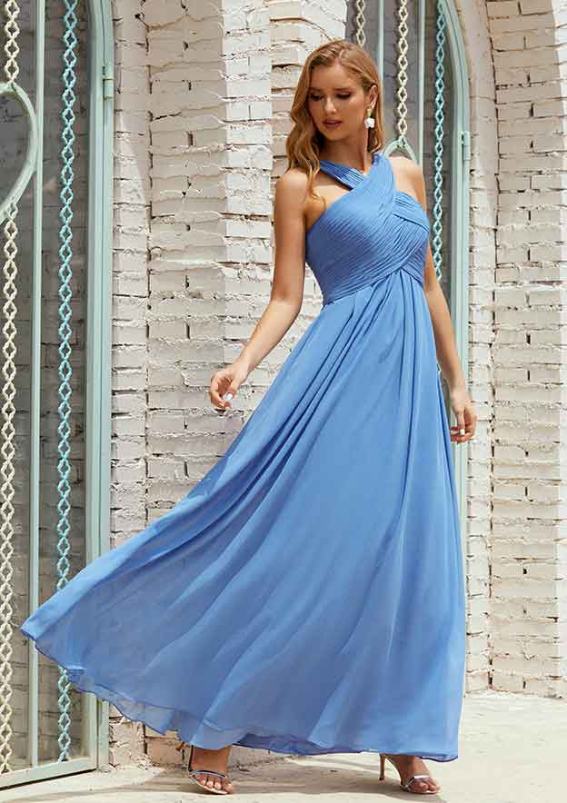 Empire A-line Halter Sleeveless Chiffon Long/Floor-Length Bridesmaid Dress With Pleated