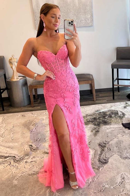 Sevoba|Classic Lace Appliques Strapless Mermaid Prom Dress with Slit