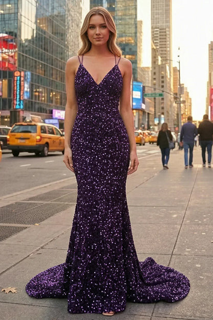 Sevoba dark purple sequin mermaid prom dress featuring a V-neckline and double spaghetti straps, front view in urban city street setting