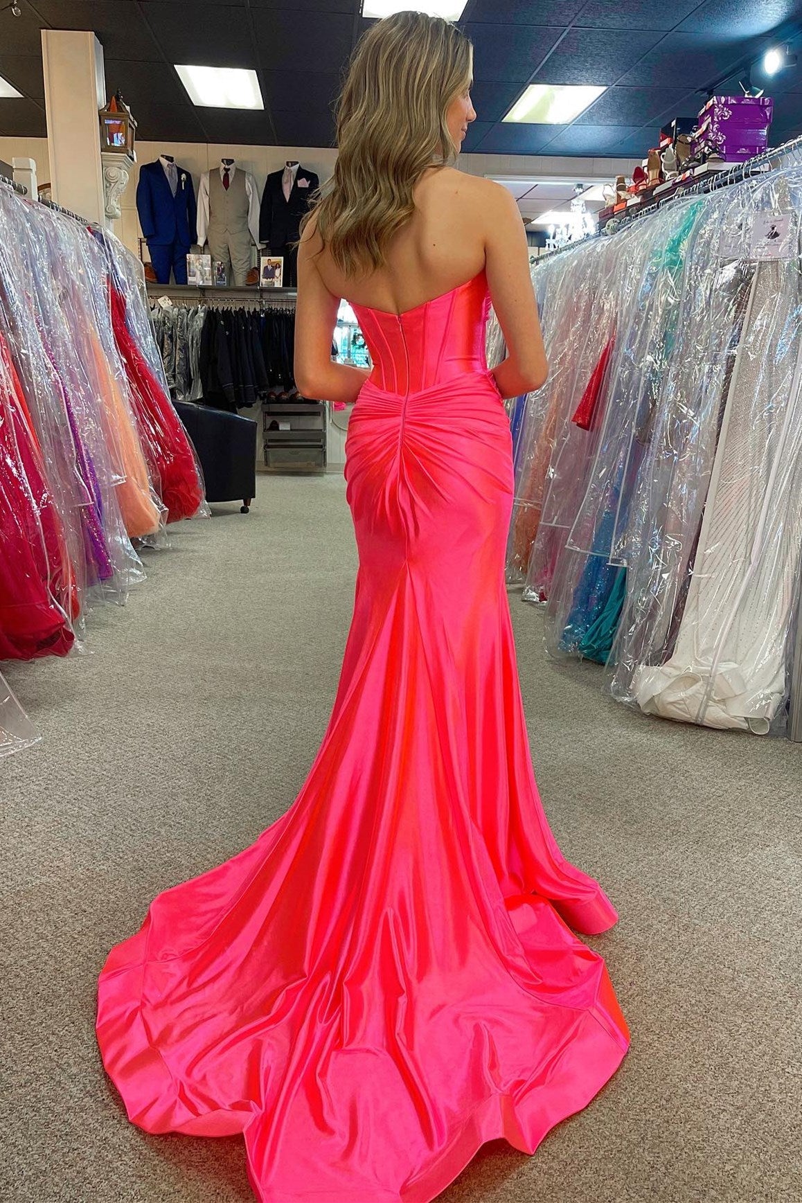 Sevoba|Classy Strapless Keyhole Mermaid Satin Long Prom Dress with Slit