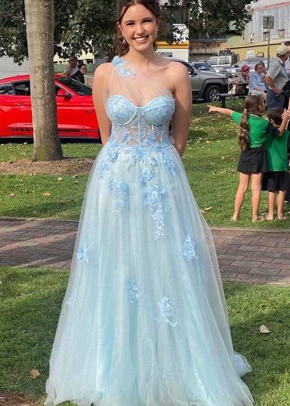 A Line One Shoulder Black Long Prom Dress with Appliques