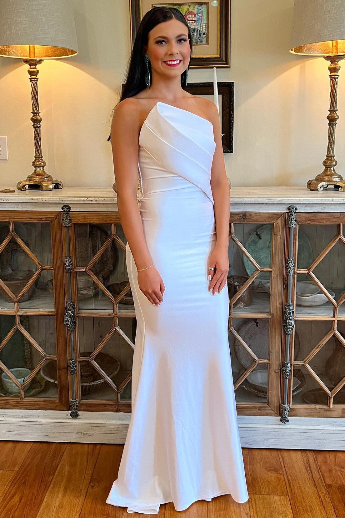 Sevoba|Asymmetrical Green Strapless Ruched Mermaid Long Prom Dress