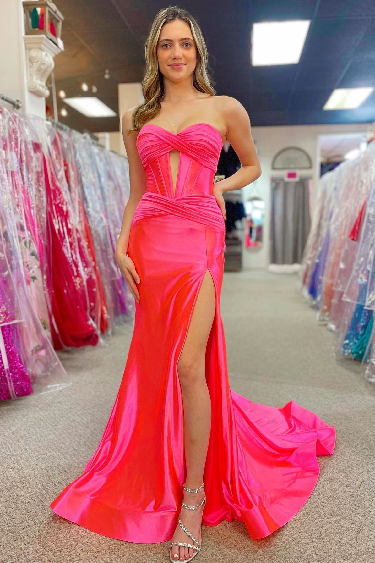 Sevoba|Classy Strapless Keyhole Mermaid Satin Long Prom Dress with Slit