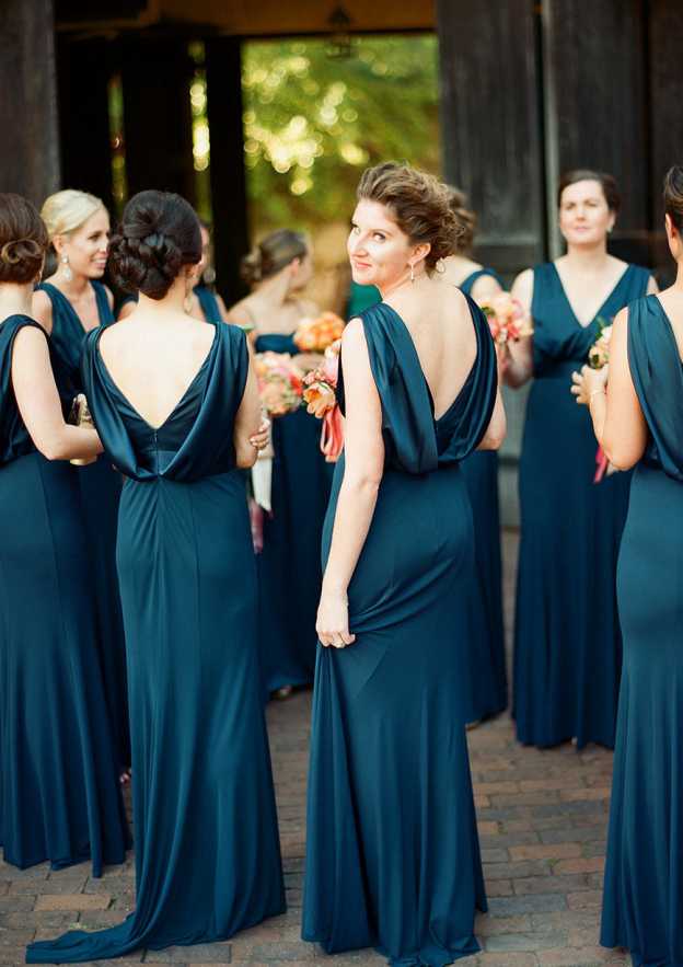 A-line V Neck Sleeveless Sweep Train Jersey Bridesmaid Dress with Pleated