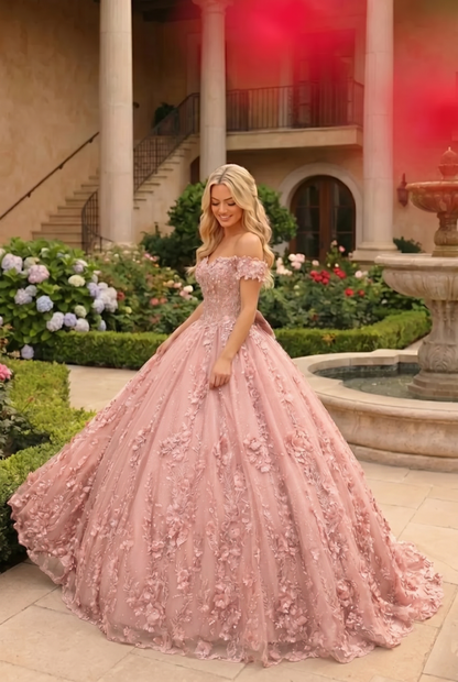 Charming Ball Gown Cold Shoulder Quinceañera Dress With Floral Lace and Bow | Sevoba