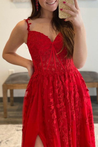 Sevoba|A-line Sweetheart Lace Tulle Prom Dress with Slit