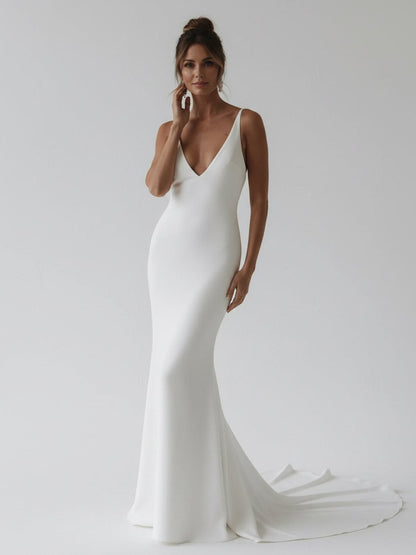 Sevoba|Elegant Mermaid V-Neck Elastic Satin Long Wedding Dresses