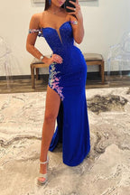 Royal Blue Off the Shoulder Beaded Long Prom Dresses with Appliques