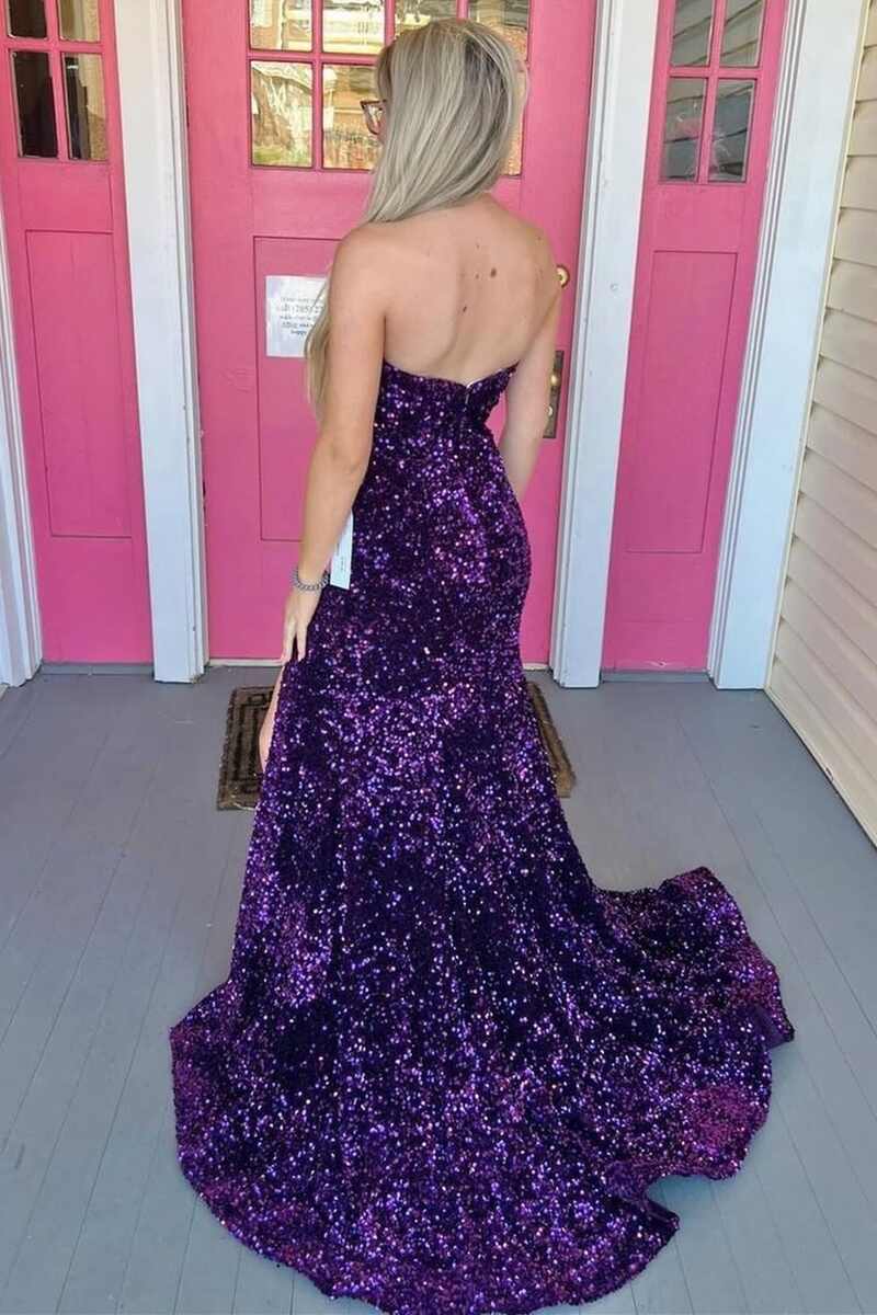 Sevoba|Burgundy Sequin Strapless Mermaid Long Prom Dress