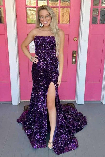 Sevoba|Burgundy Sequin Strapless Mermaid Long Prom Dress