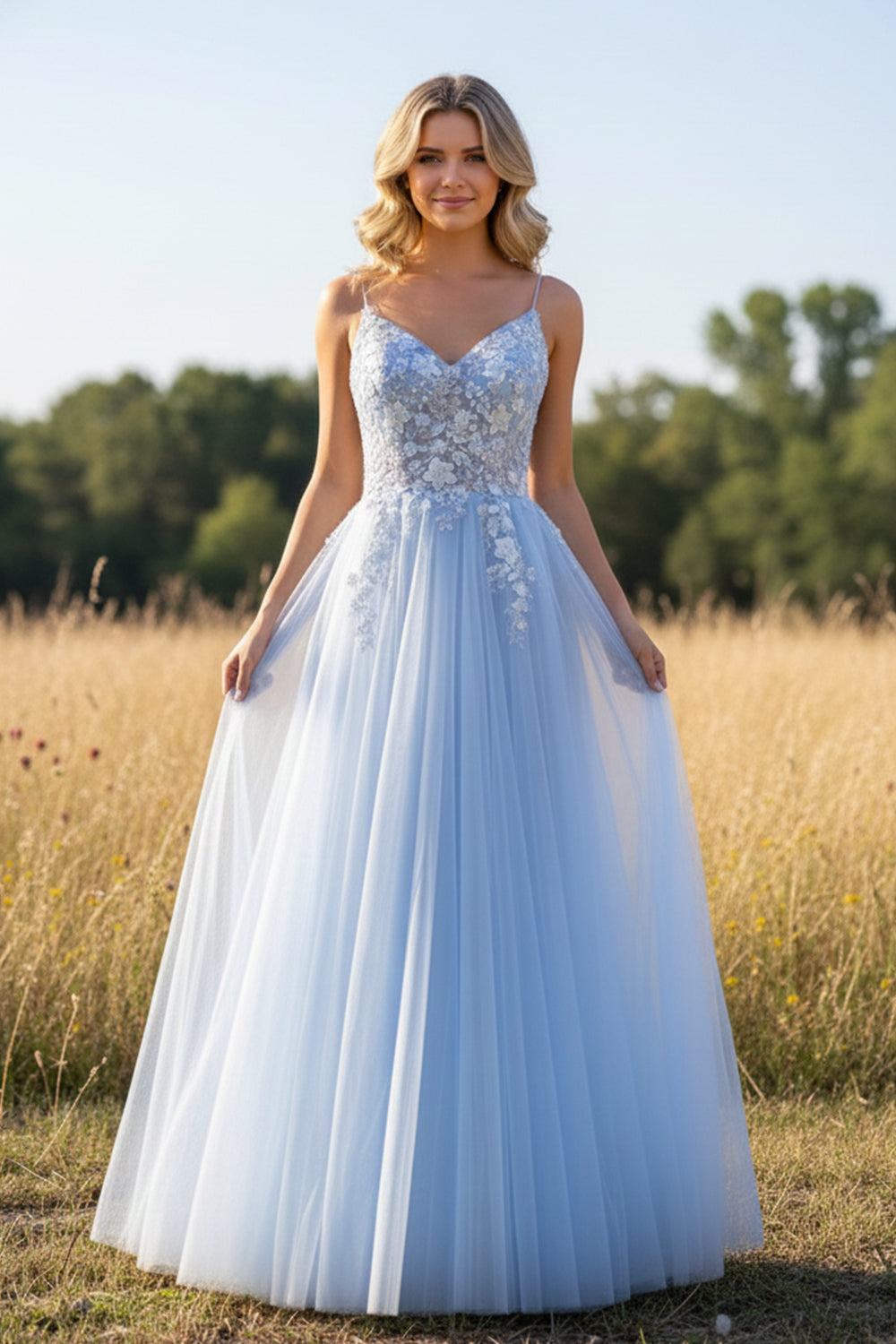 A-line Tulle Applique Lace Floor Length Tulle Prom Dress | Sevoba