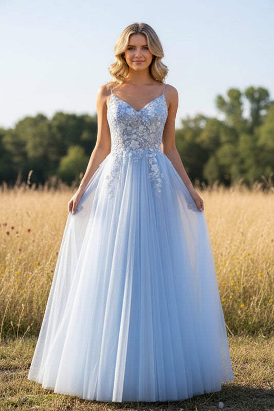 A-line Tulle Applique Lace Floor Length Tulle Prom Dress | Sevoba