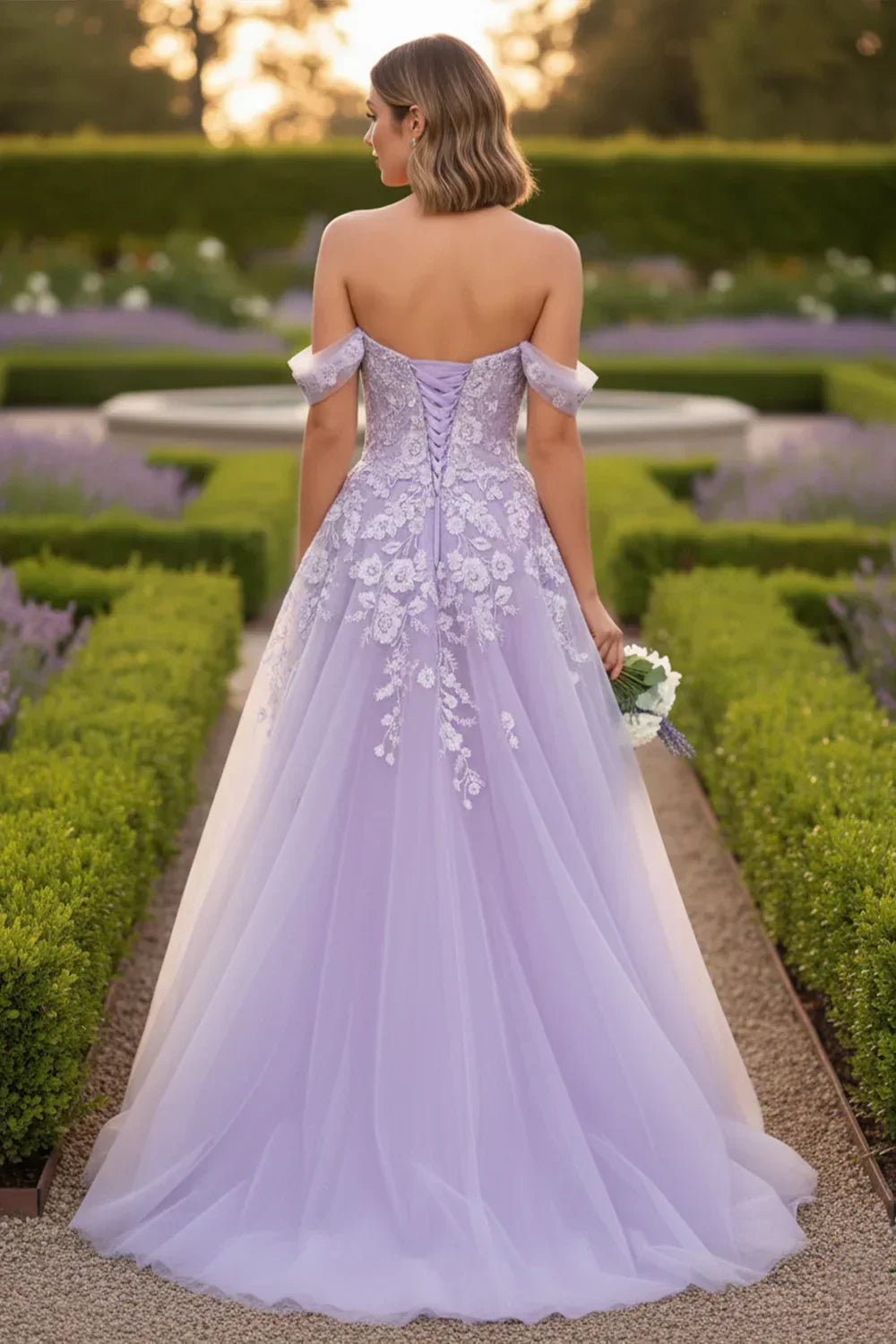 Back view of Sevoba lavender lace-up corset evening gown showing a voluminous tulle skirt and floral details, garden background