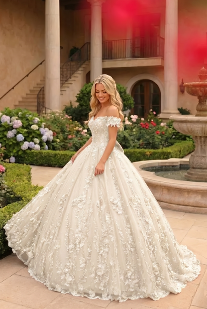 Charming Ball Gown Cold Shoulder Quinceañera Dress With Floral Lace and Bow | Sevoba