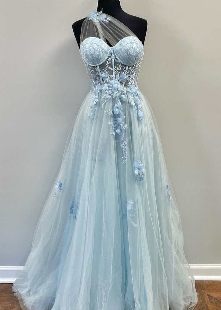 A Line One Shoulder Black Long Prom Dress with Appliques