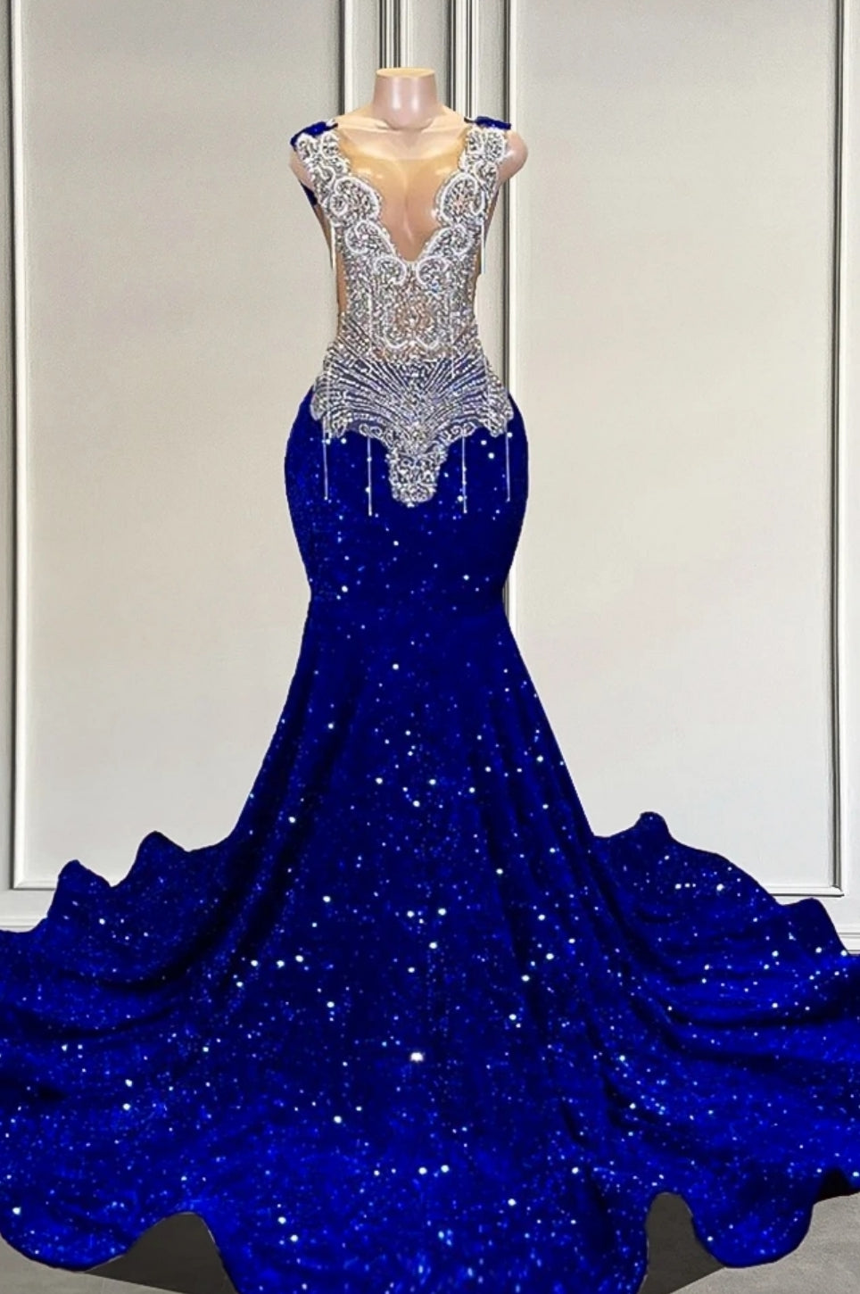 Gorgeous Royal Blue Sequined Silver Beaded Mermaid Long V-neck Prom Party Dresses