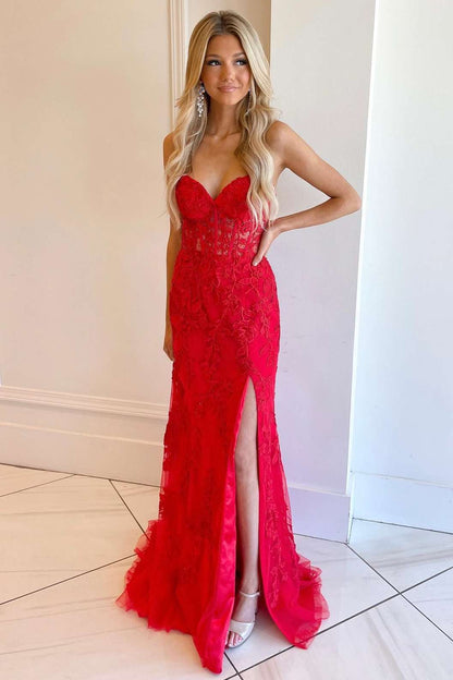 Sevoba|Classic Lace Appliques Strapless Mermaid Prom Dress with Slit