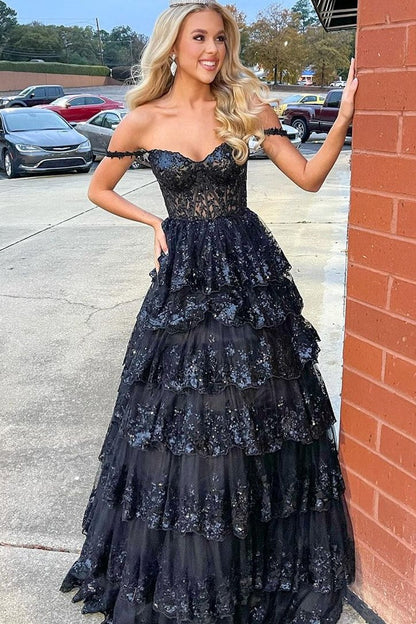 Sevoba|Off-the-Shoulder Gold Sequin Lace Ruffle Multi-Layer Long Prom Dress