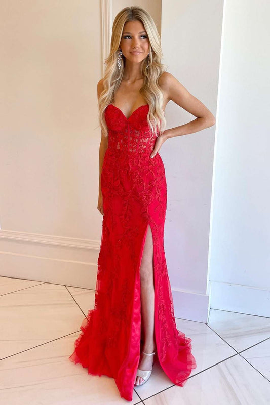 Sevoba|Classic Lace Appliques Strapless Mermaid Prom Dress with Slit