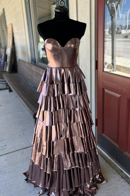 Sevoba|A-Line Metallic Empire-Waist Sweetheart Ruffle Tiered Long Prom Dress