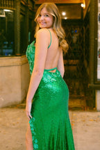 Miracle |Mermaid V Neck Sequins Prom Dress with Slit