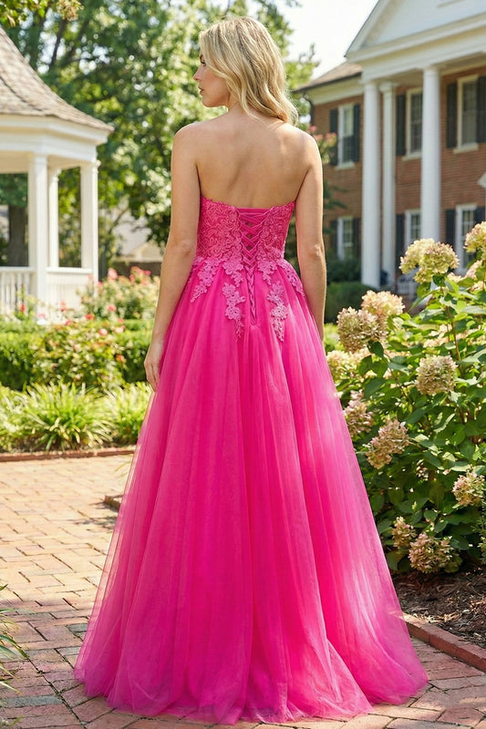 Tulle A-Line Strapless Long Prom Dress with Lace Appliques | Sevoba