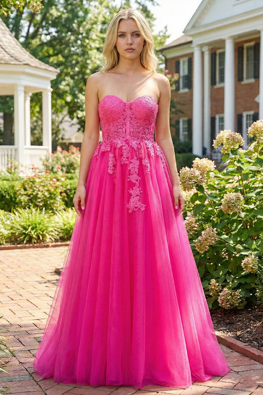 Tulle A-Line Strapless Long Prom Dress with Lace Appliques | Sevoba